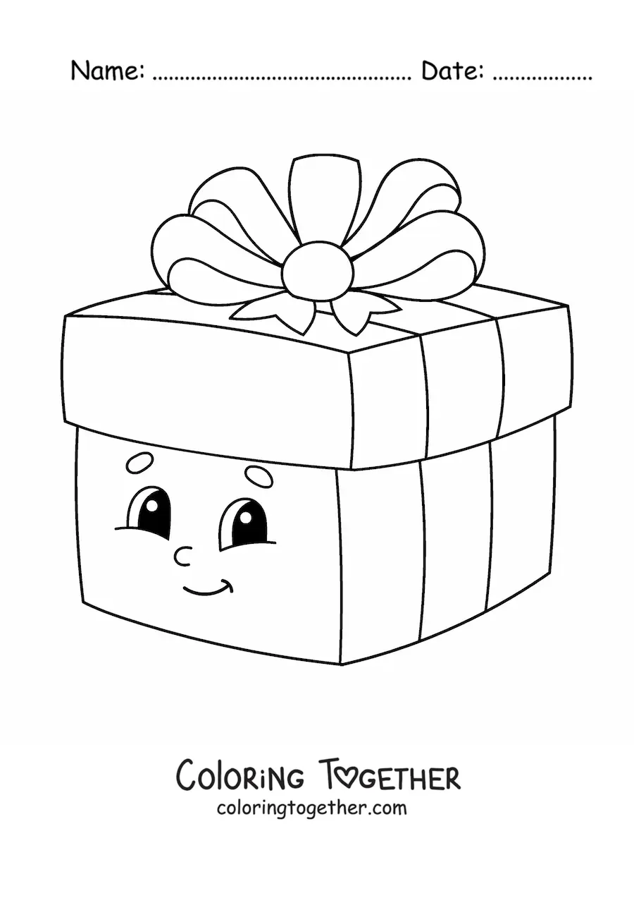 Coloring page of an animated Christmas gift