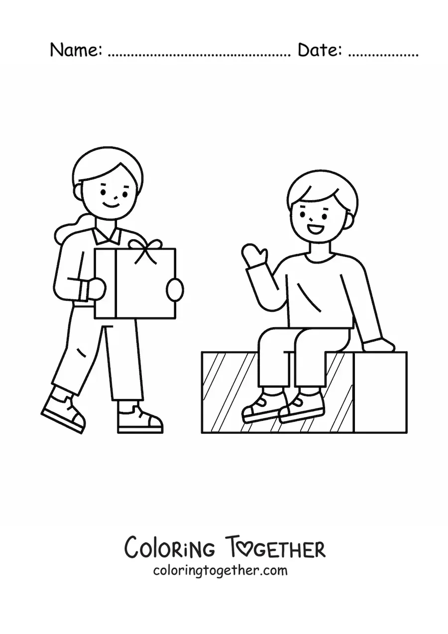 Coloring page of children with Christmas gifts