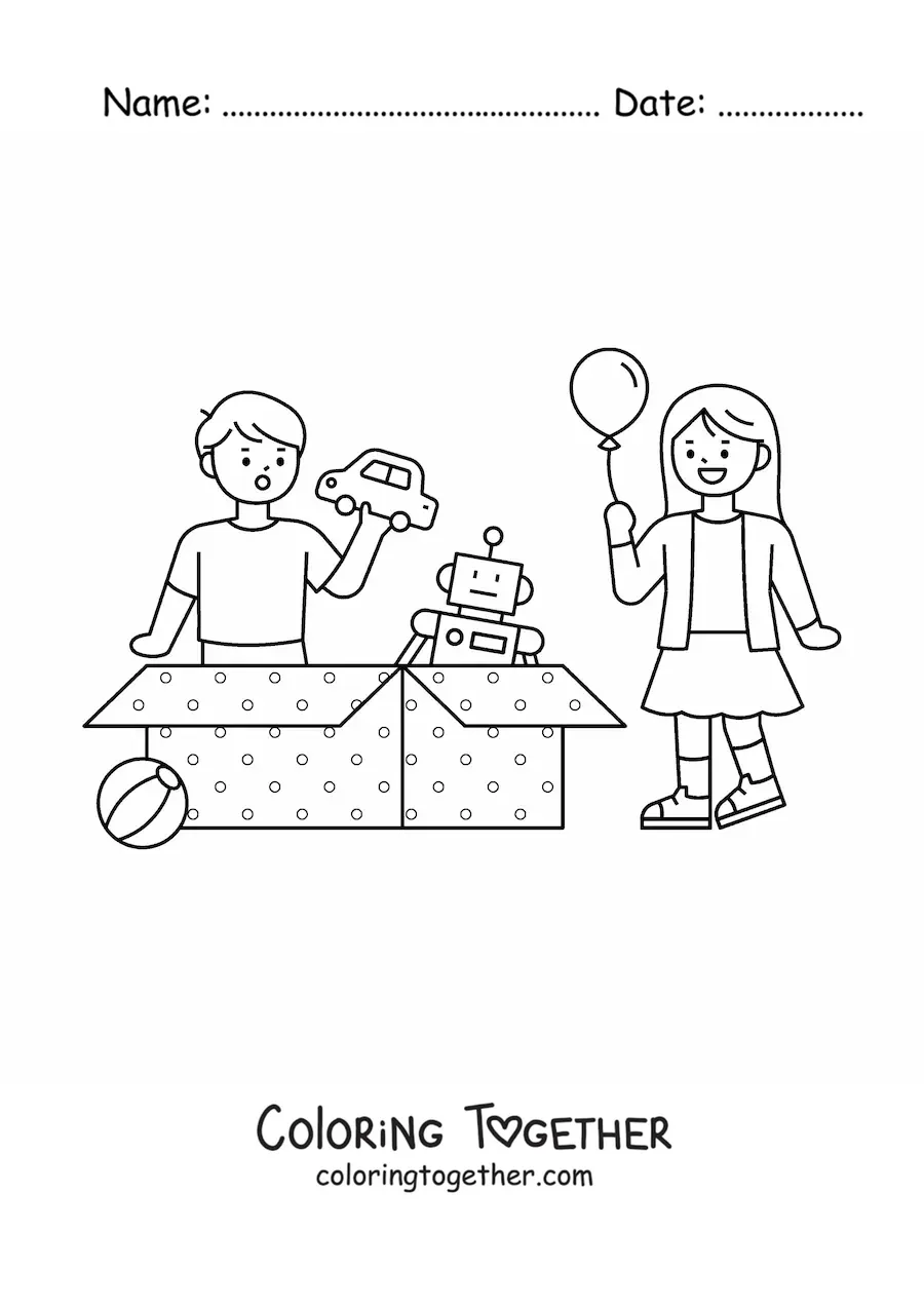 Coloring page of children opening Christmas gifts