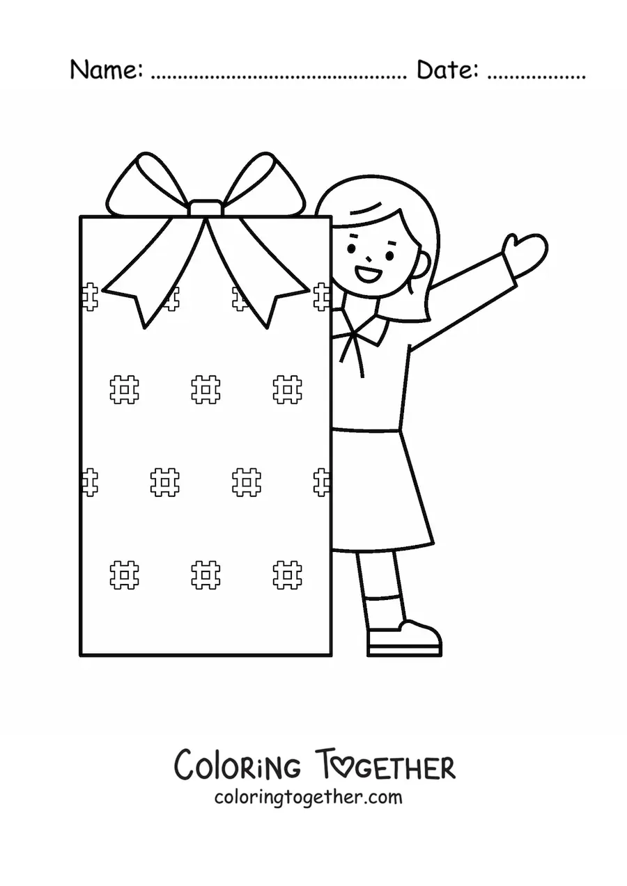 Coloring page of a girl with a Christmas gift