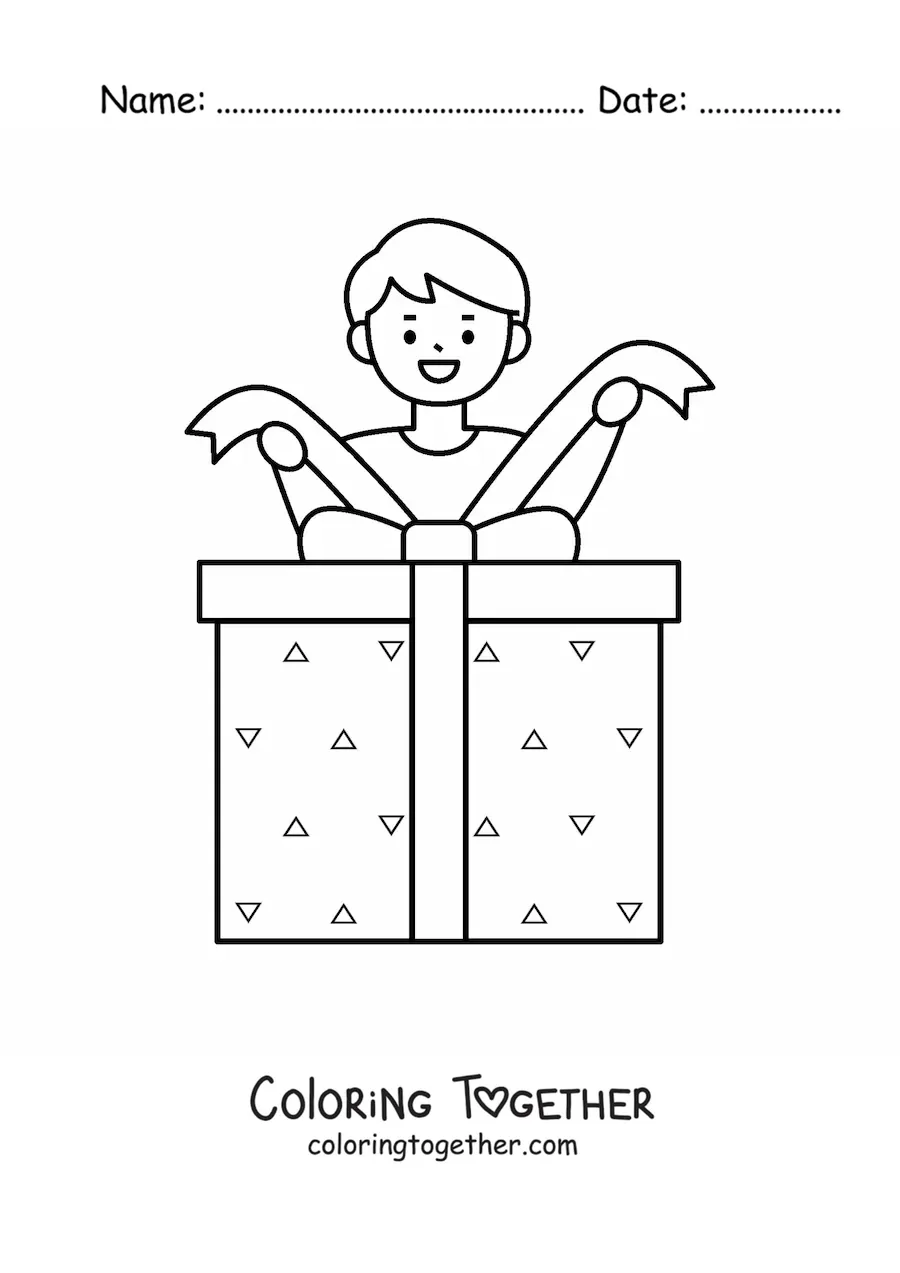 Coloring page of a boy with a Christmas gift