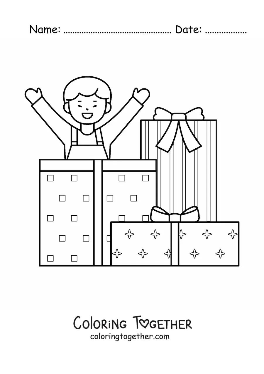 Coloring page of a boy with Christmas gifts