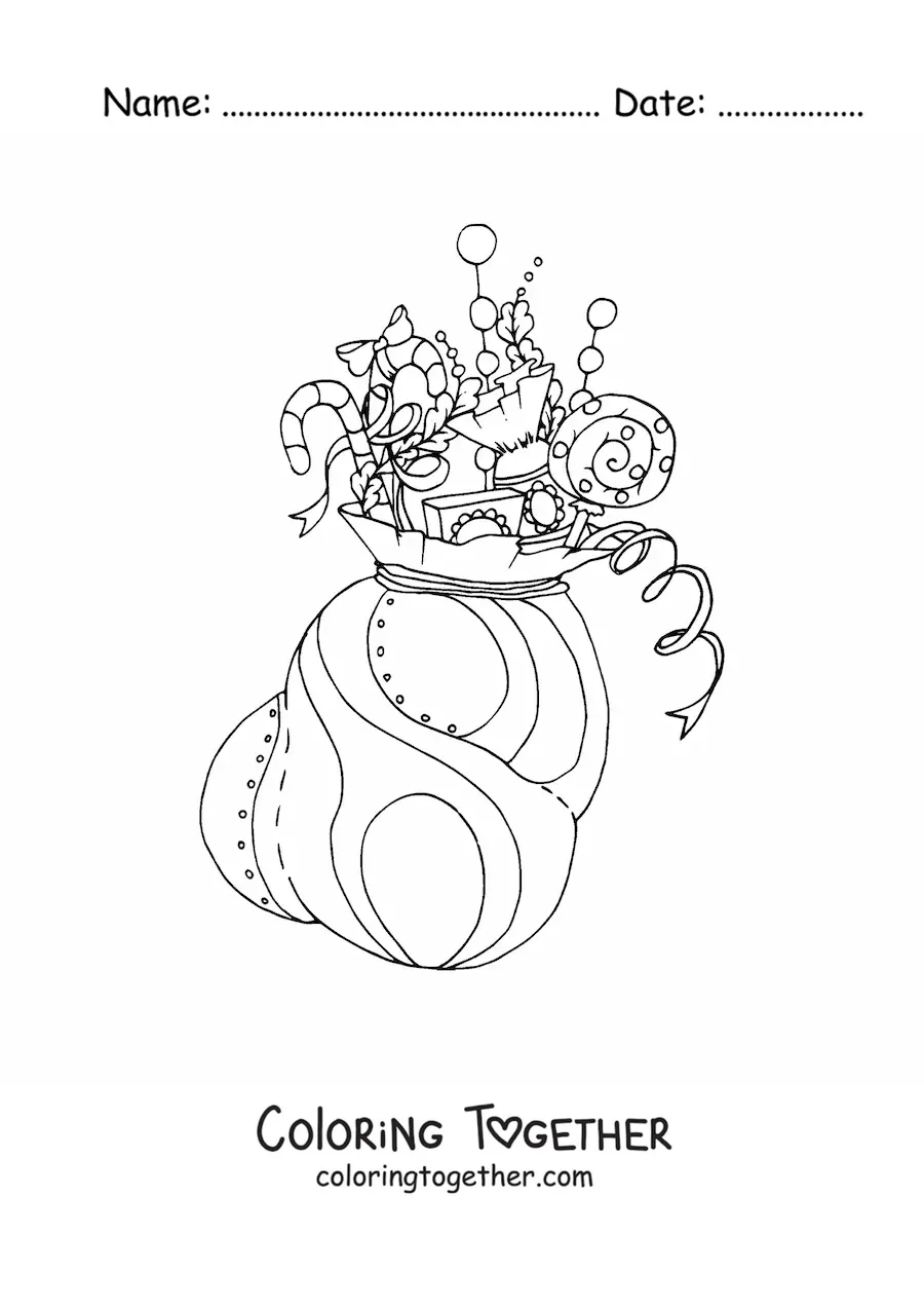 Coloring page of a sack of Christmas gifts with candy