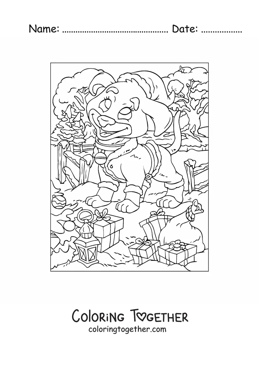 Coloring page of an animated dog with Christmas gifts