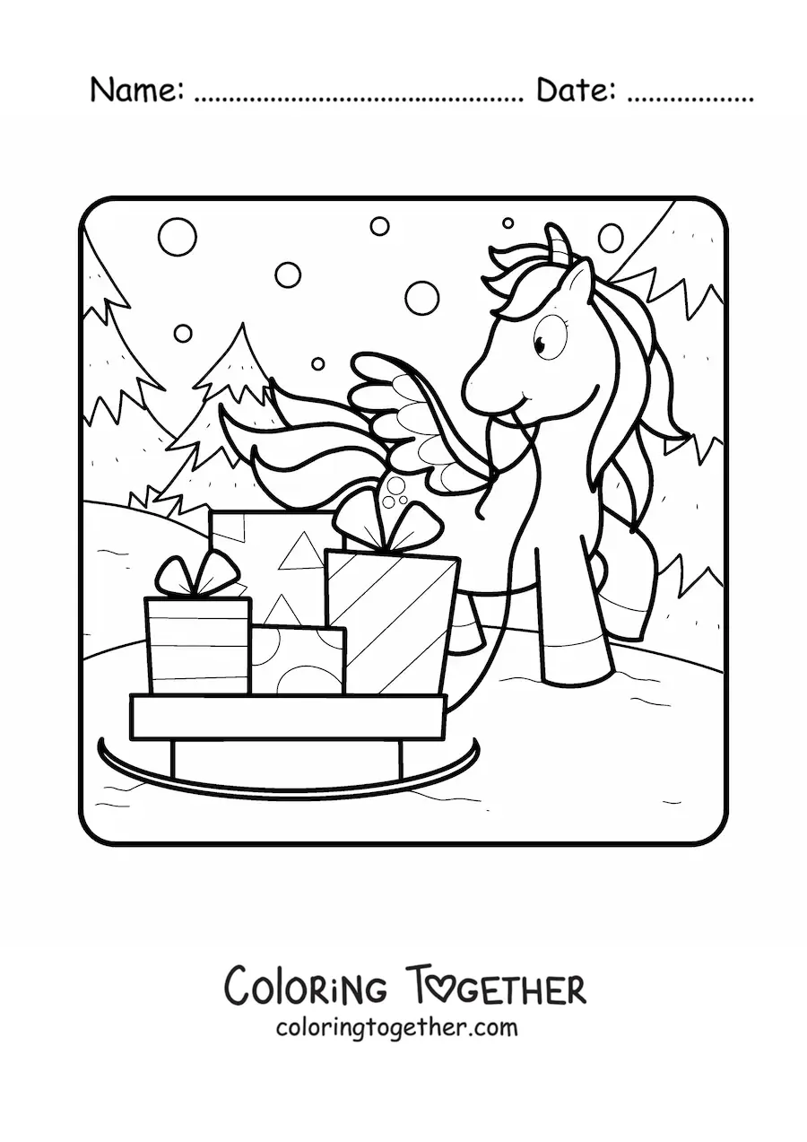 Coloring page of a unicorn with a sleigh full of gifts