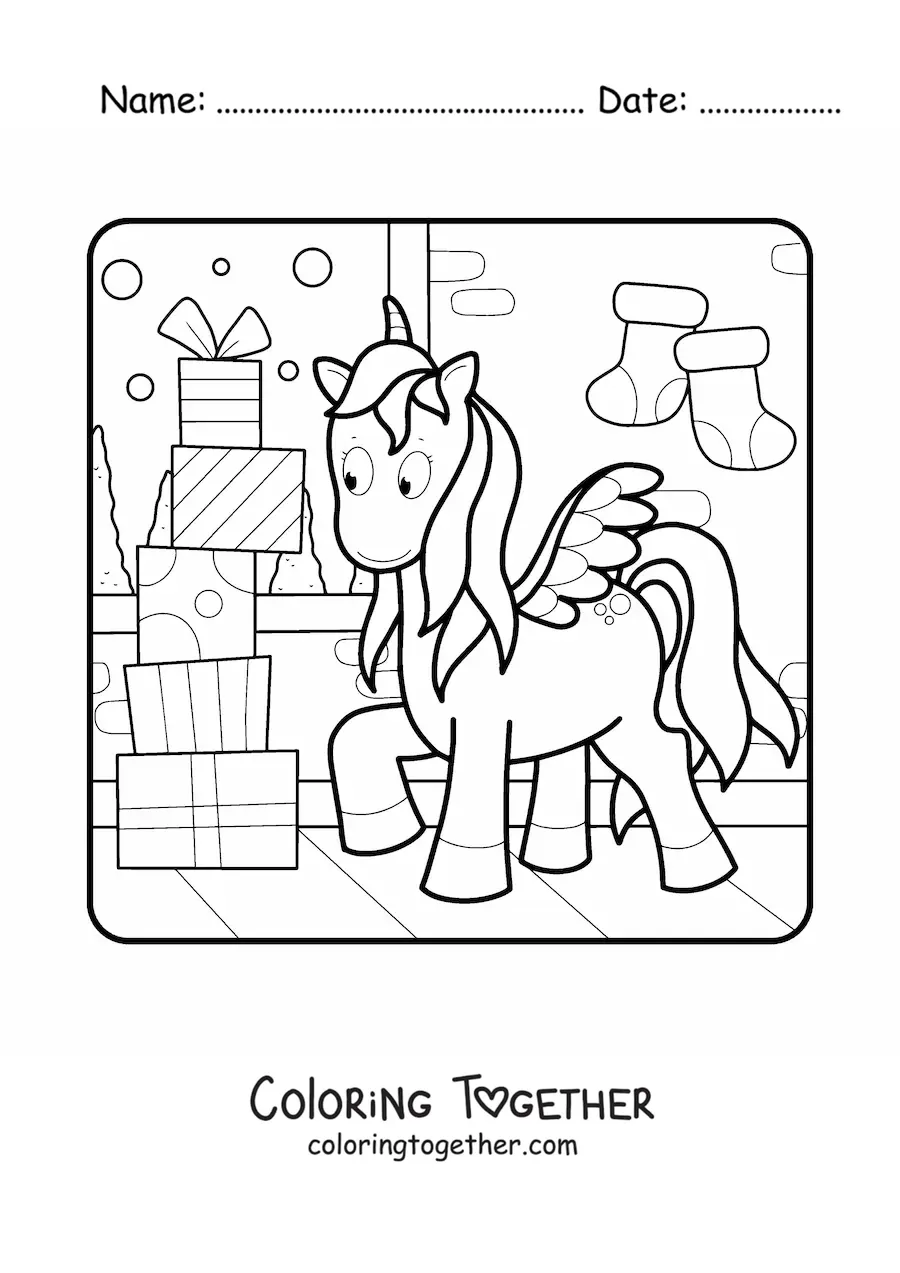 Coloring page of a unicorn with a pile of gifts