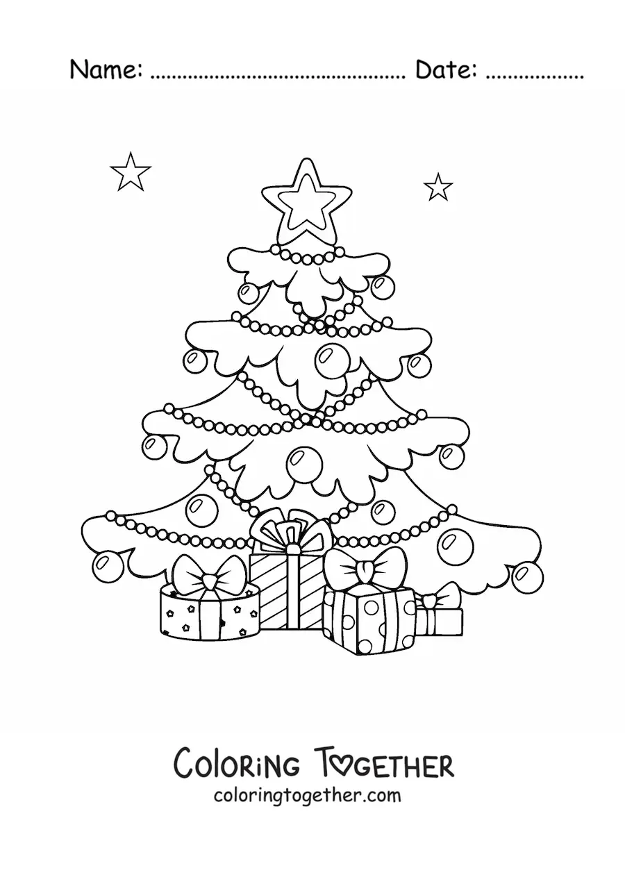 Coloring page of gifts under the Christmas tree