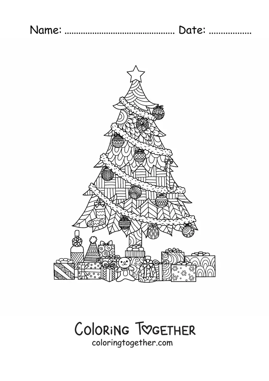 Coloring page of gifts under the tree in zentangle style