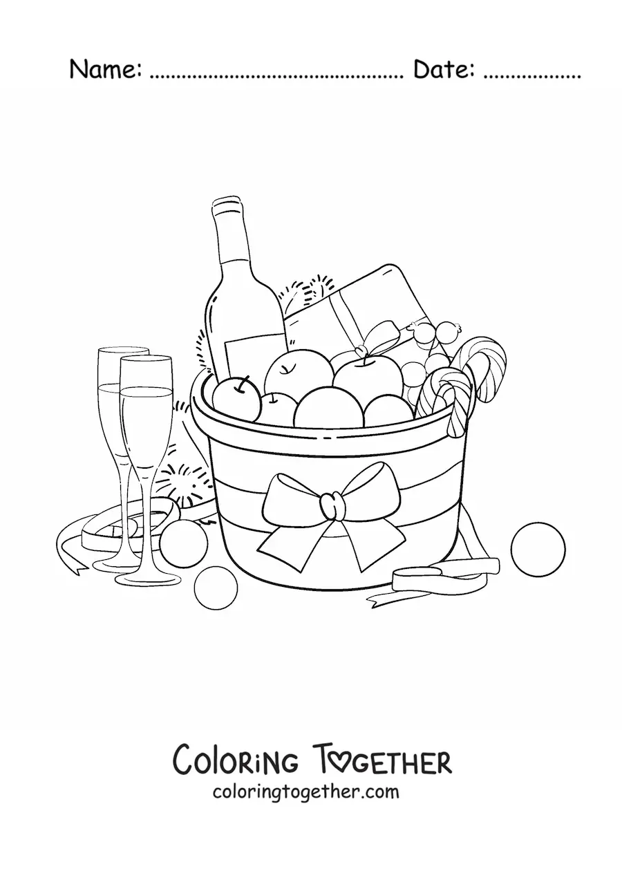Coloring page of a basket of Christmas gifts