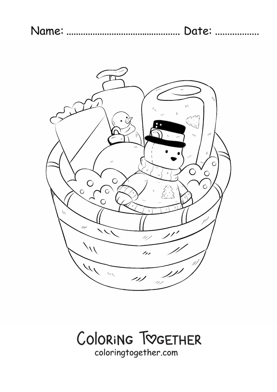 Coloring page of a basket of Christmas gifts