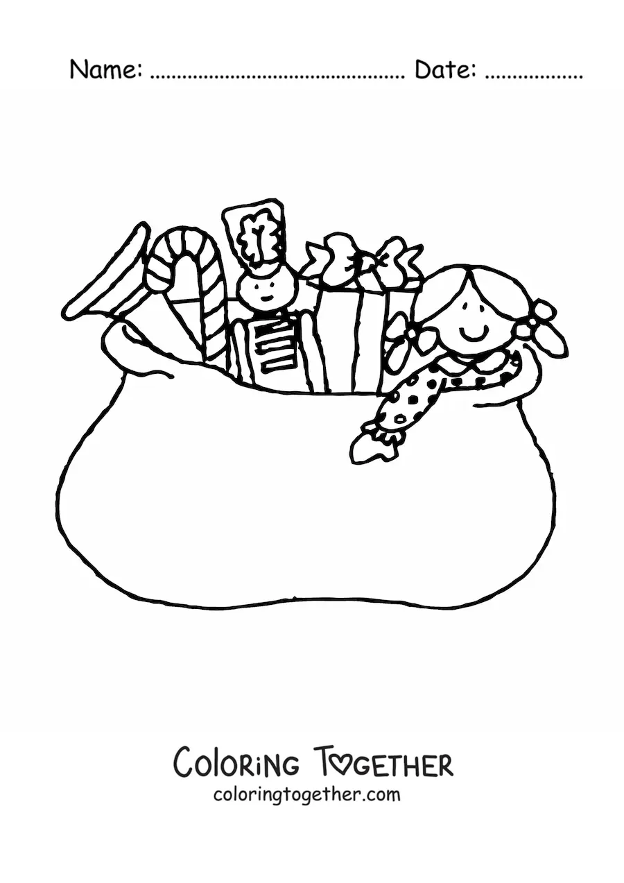 Coloring page of a sack of Christmas gifts with toys