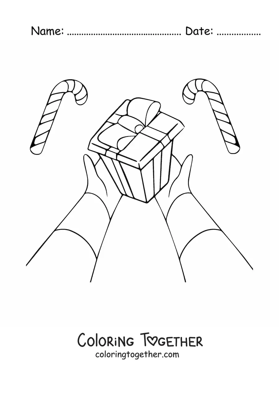 Coloring page of hands giving a Christmas gift