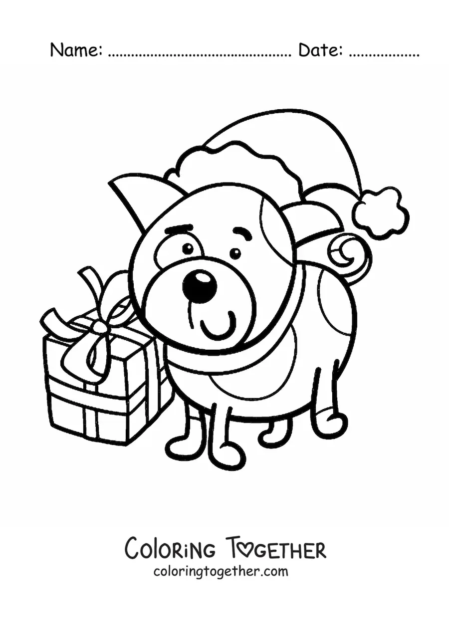 Coloring page of a dog with a Christmas gift