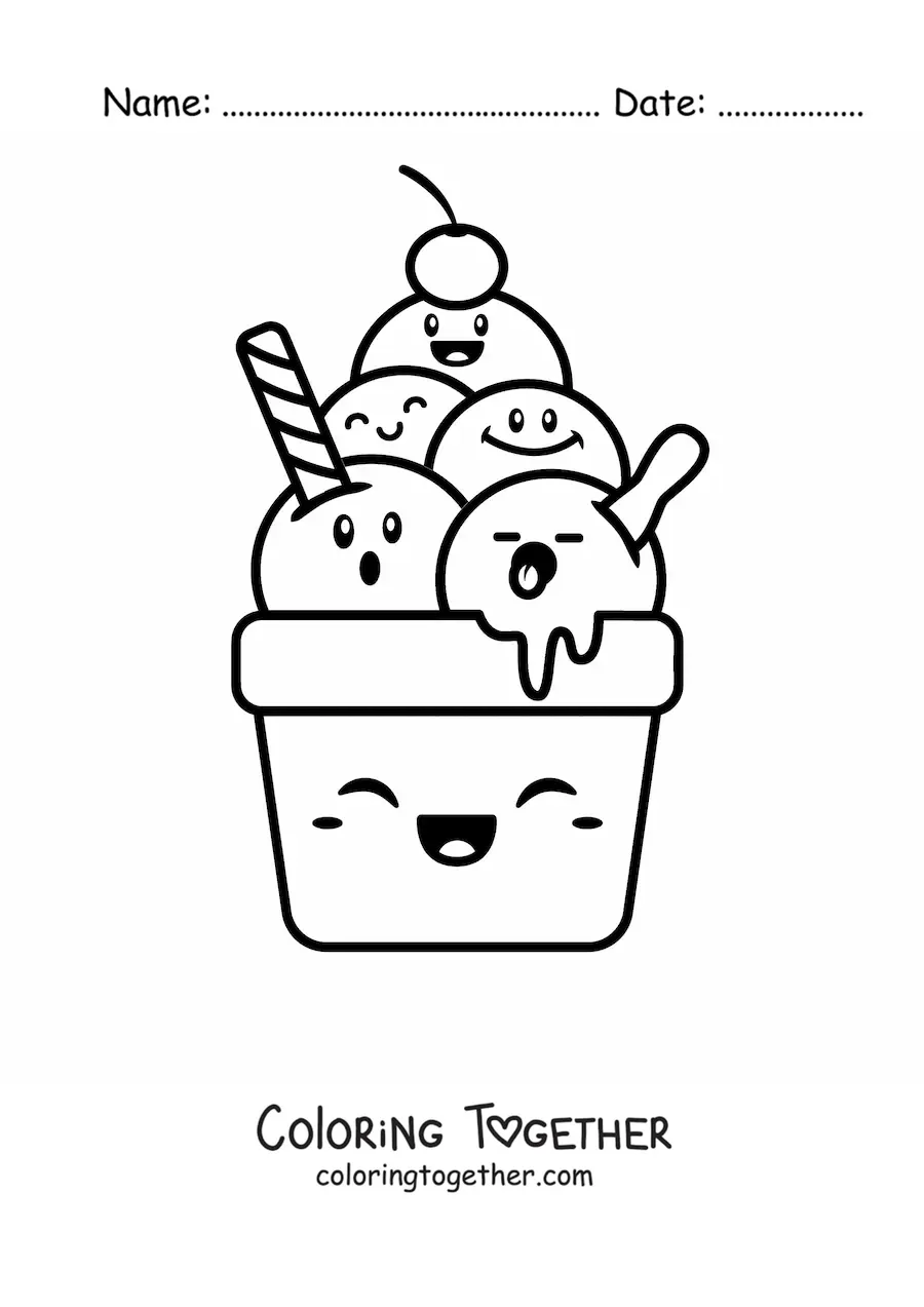 Coloring page of a multi-flavor kawaii cartoon ice cream