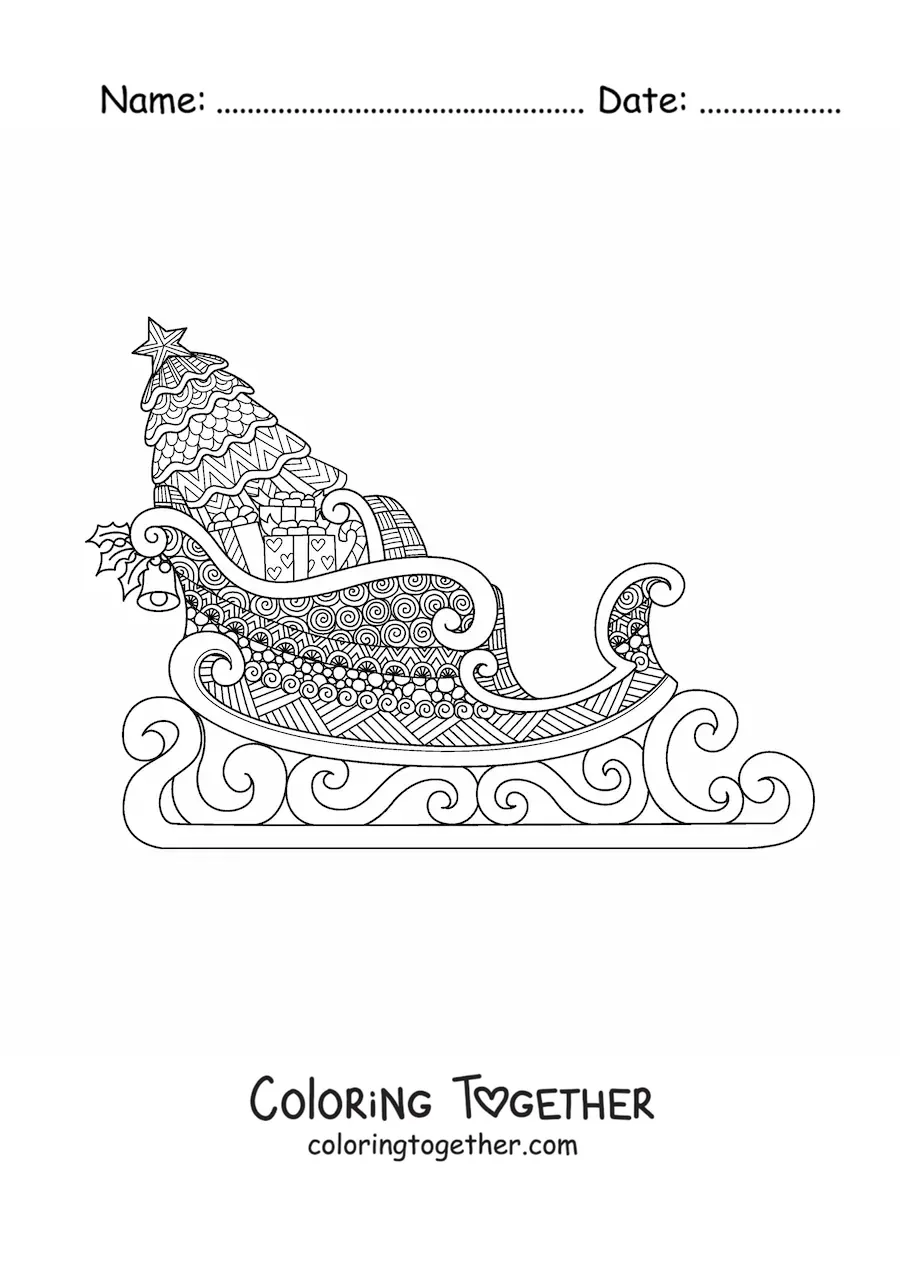 Coloring page of a sleigh with Christmas gifts in zentangle style