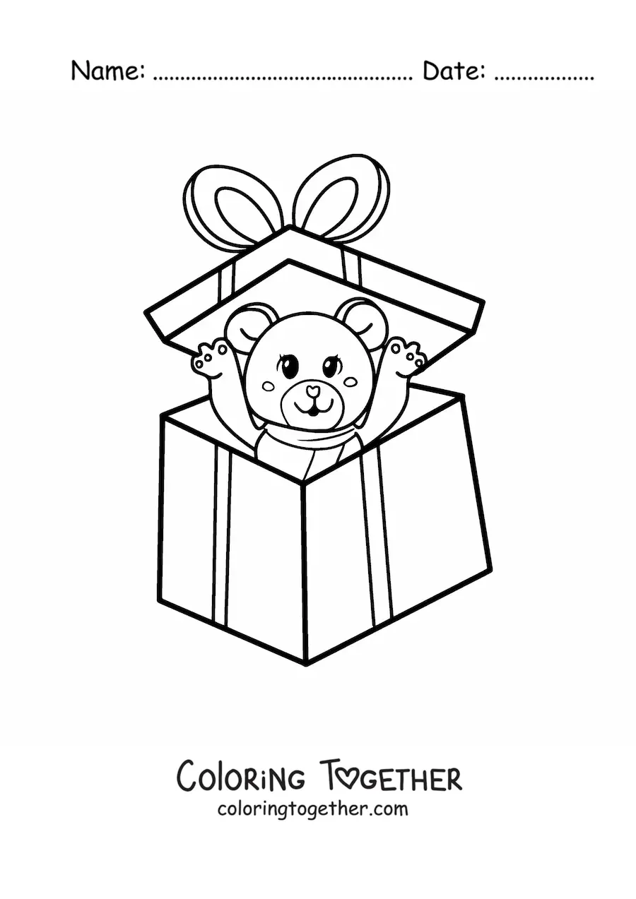 Coloring page of a teddy bear inside a Christmas gift box