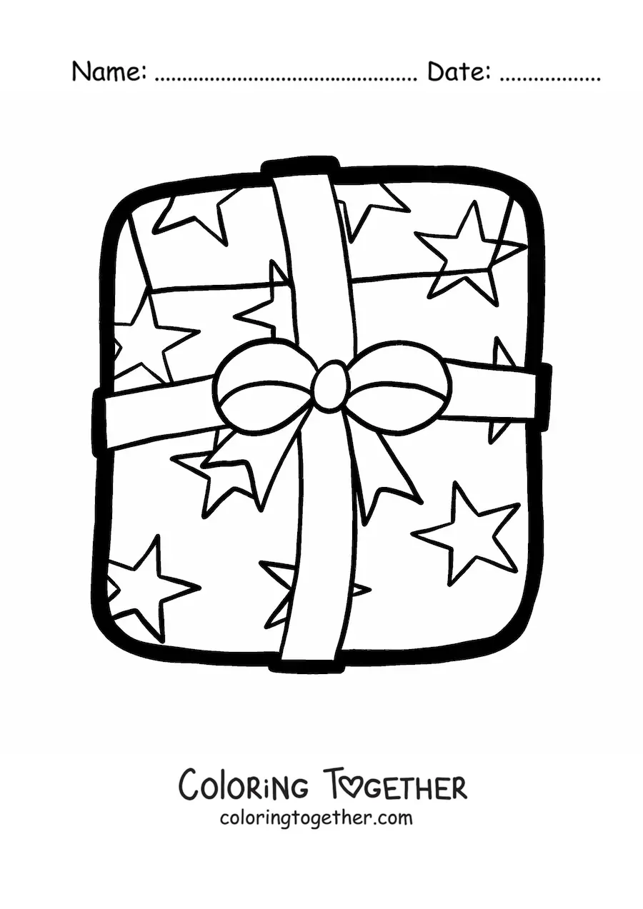 Coloring page of a large Christmas present with stars