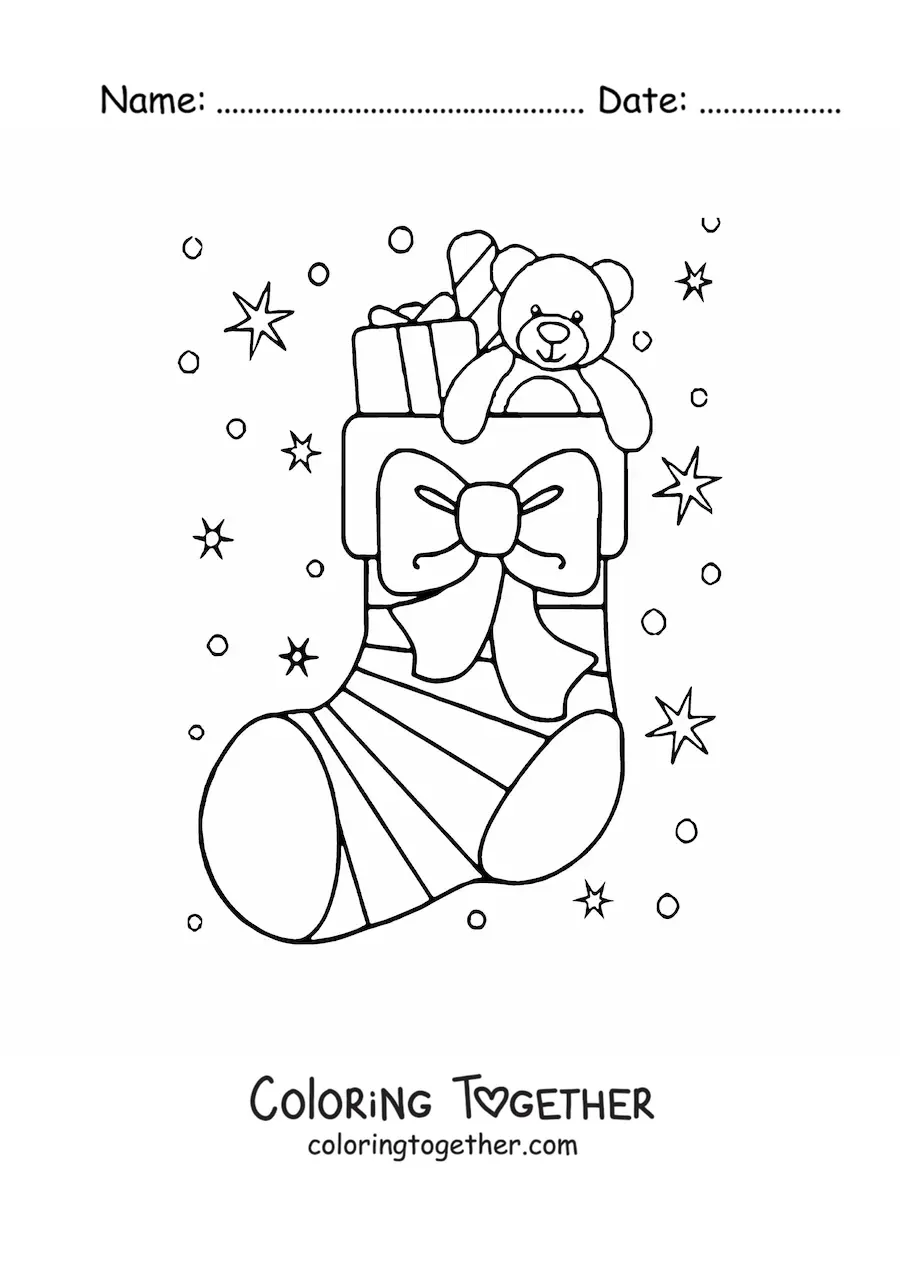 Coloring page of a Christmas stocking with a bow and a teddy bear