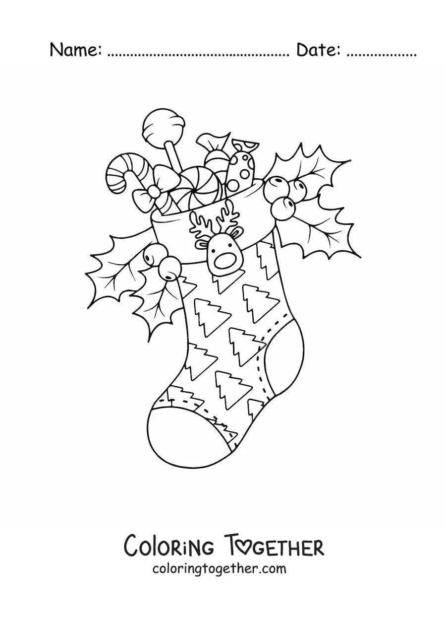 Coloring page of a Christmas stocking with candy and a reindeer ornament