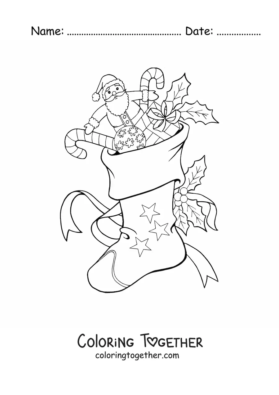 Coloring page of a Christmas stocking with toys and candy