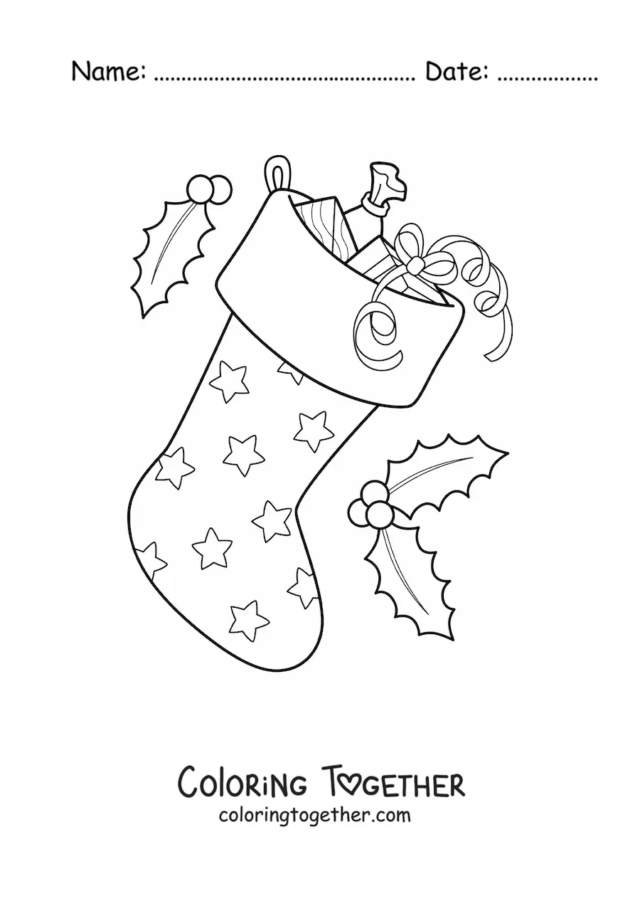 Coloring page of a Christmas stocking with presents