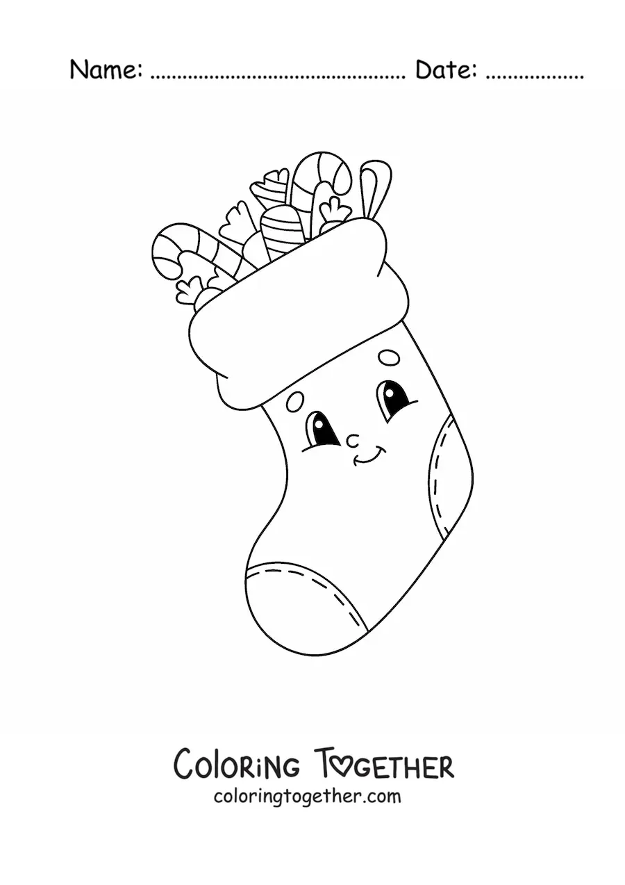 Coloring page of an animated Christmas stocking with presents
