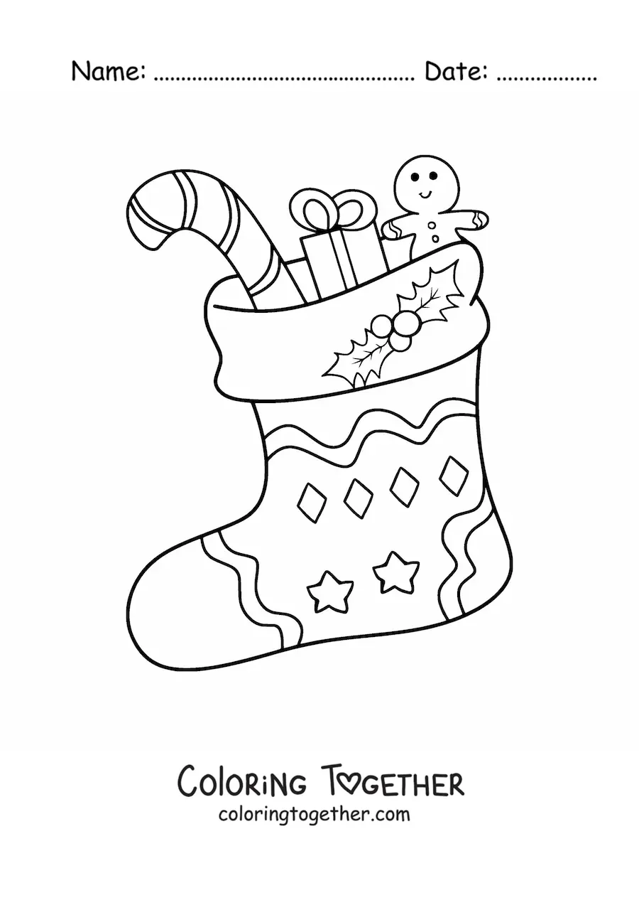 Coloring page of a Christmas stocking with presents
