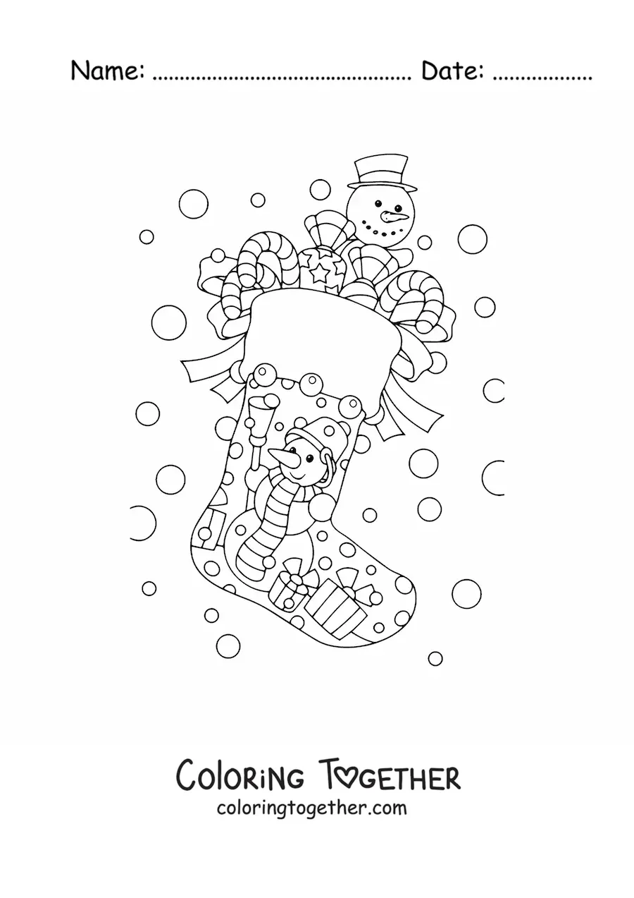 Coloring page of a Christmas stocking with a snowman