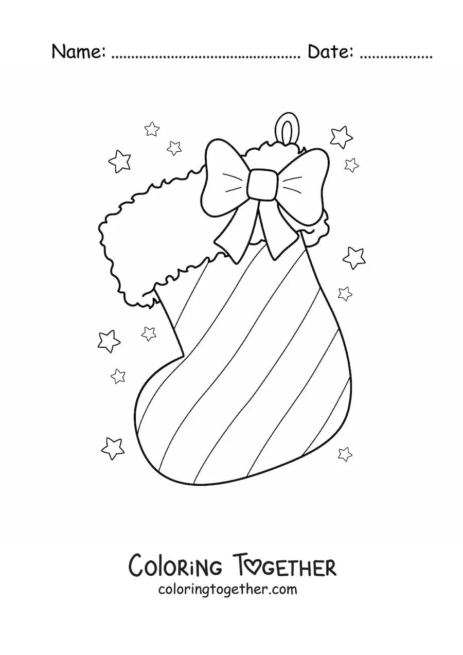 Coloring page of a Christmas stocking with a bow and stripes
