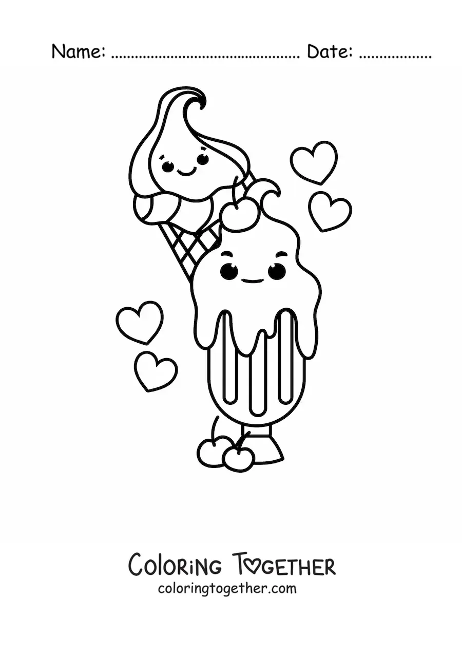 Coloring page of a kawaii ice cream sundae next to a cone