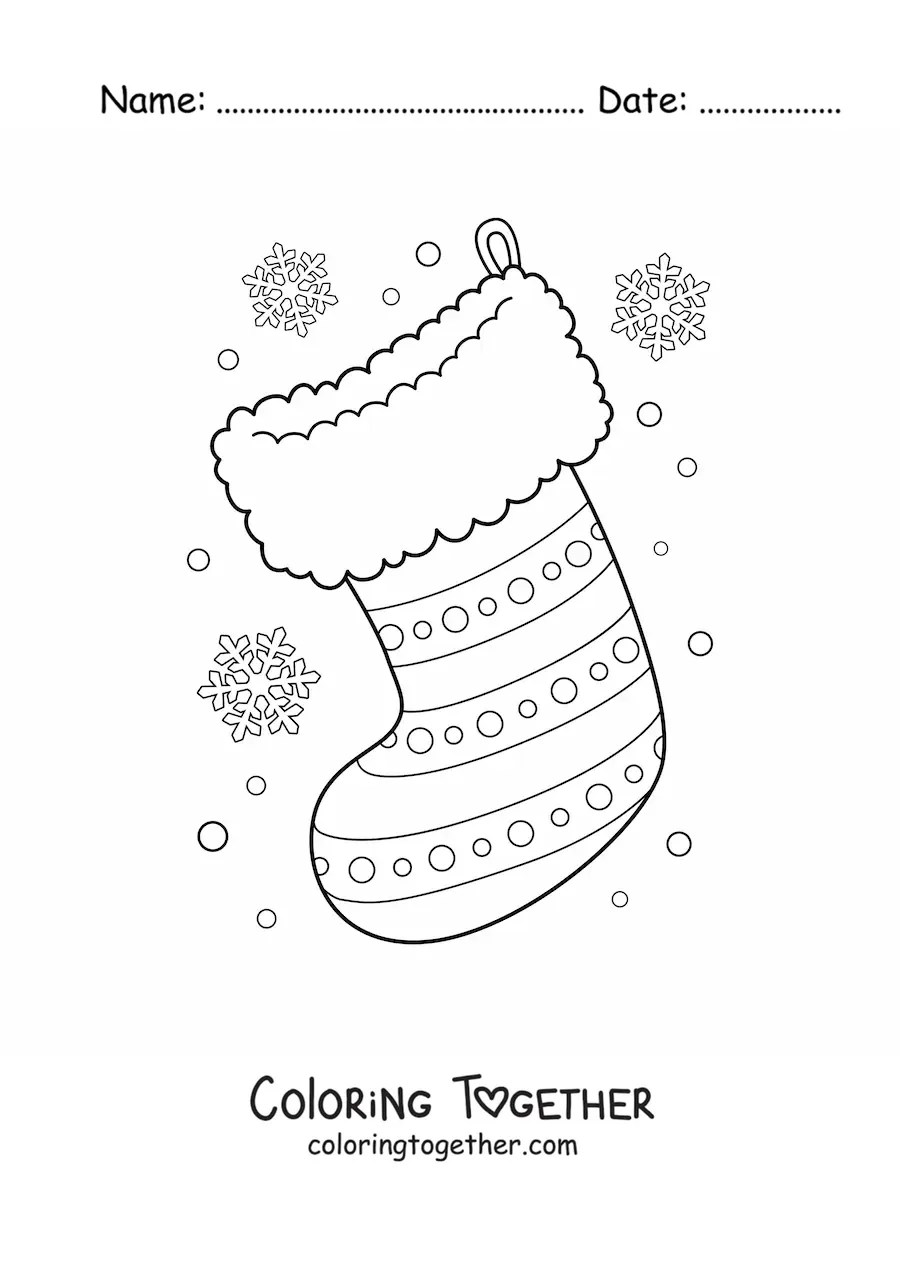 Coloring page of a Christmas stocking with dots and stripes