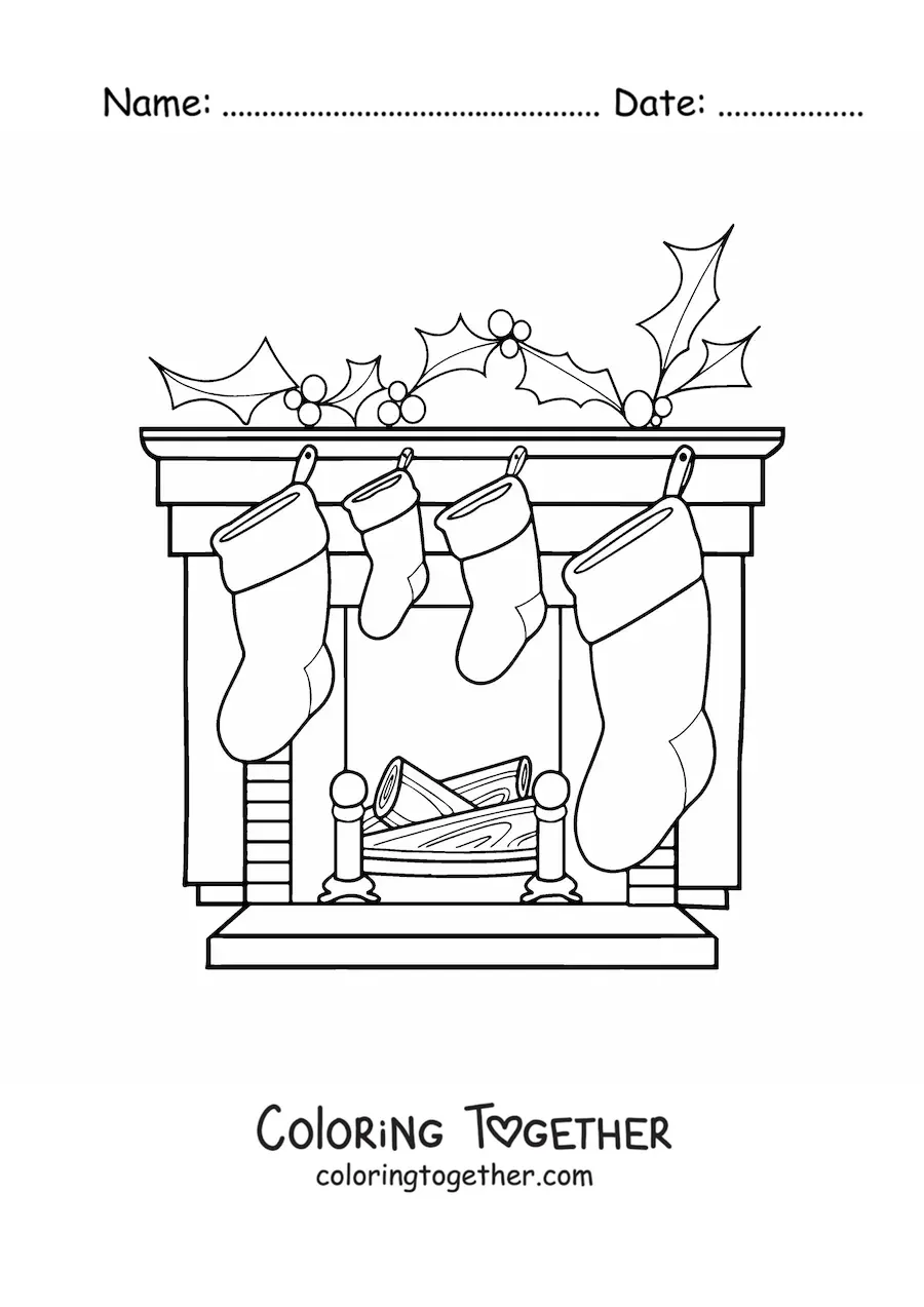 Coloring page of little Christmas stockings on the fireplace