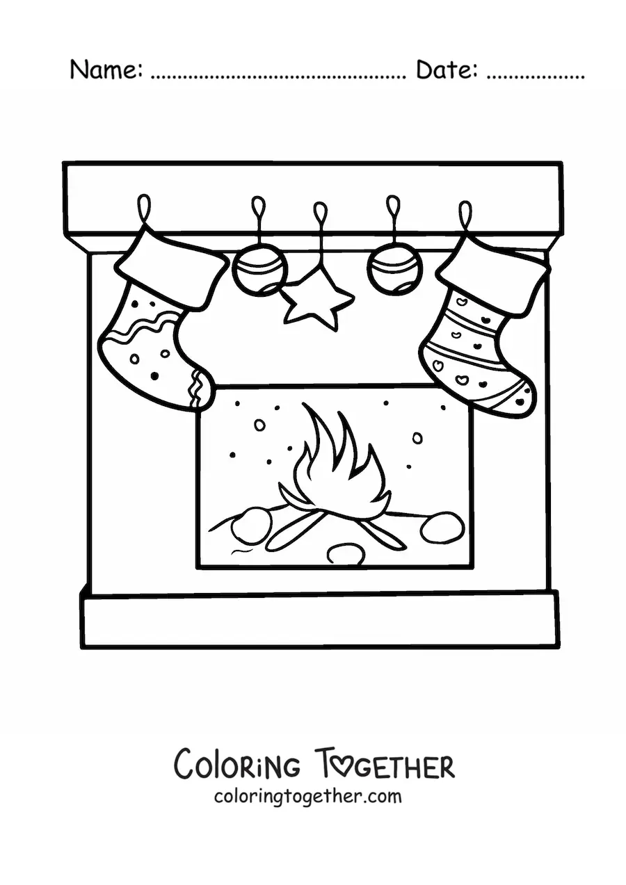 Coloring page of Christmas stockings on the fireplace