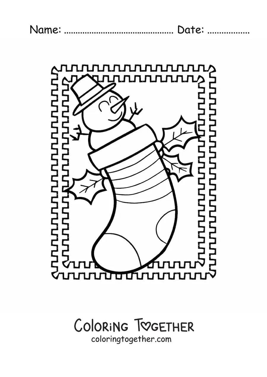Coloring page of a Christmas stocking with an animated snowman