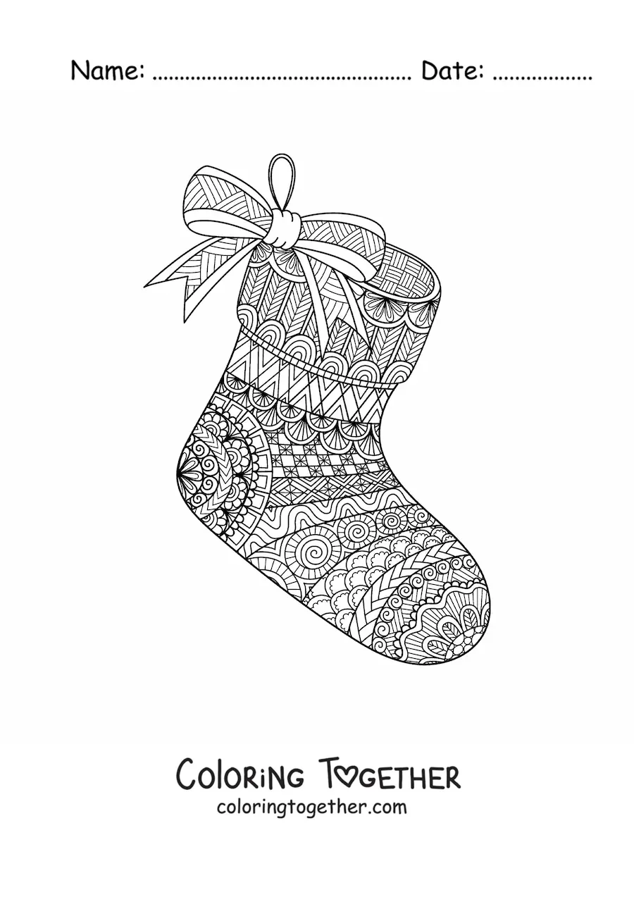Coloring page of a Christmas stocking in zentangle style