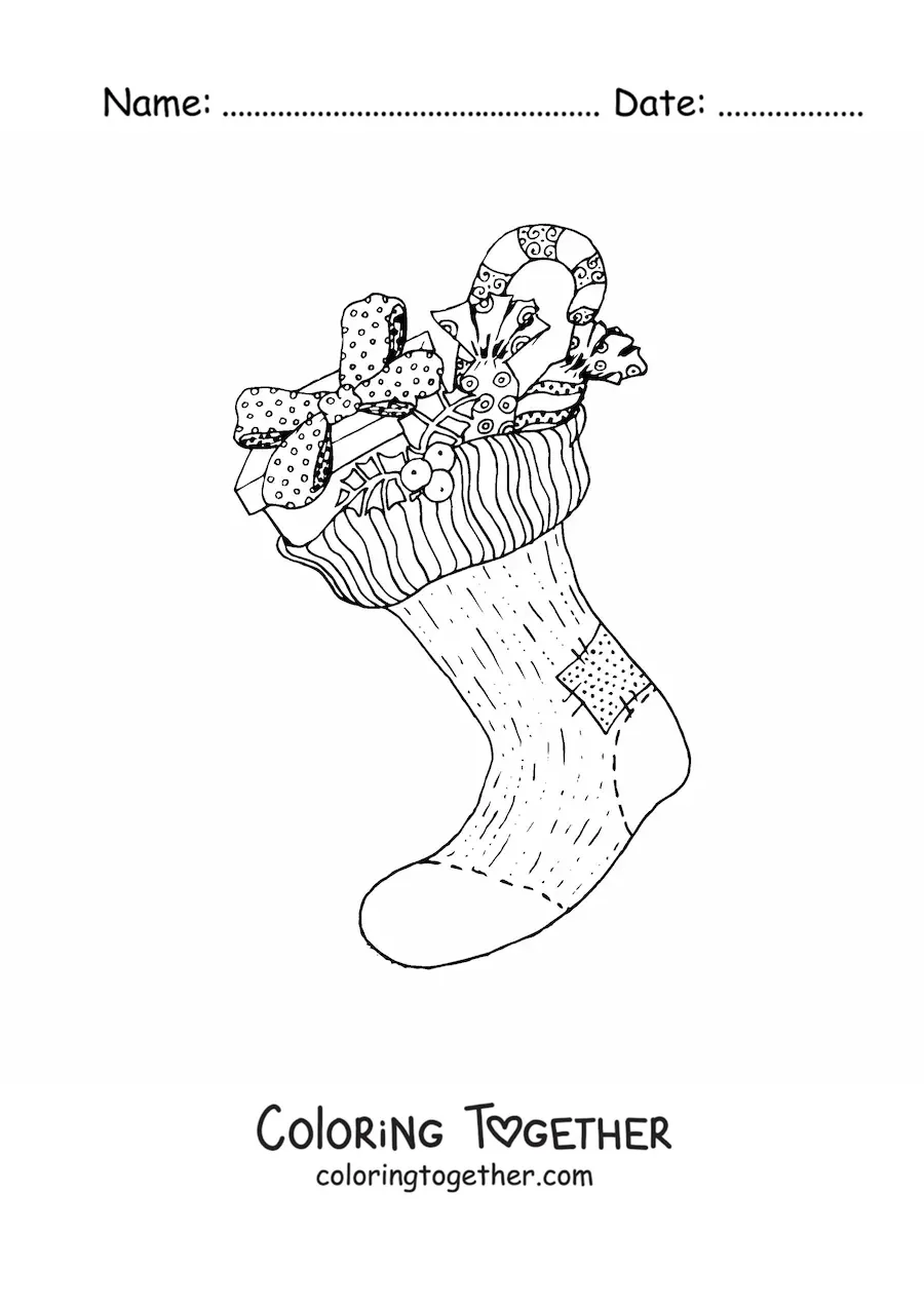 Coloring page of a realistic Christmas stocking with presents