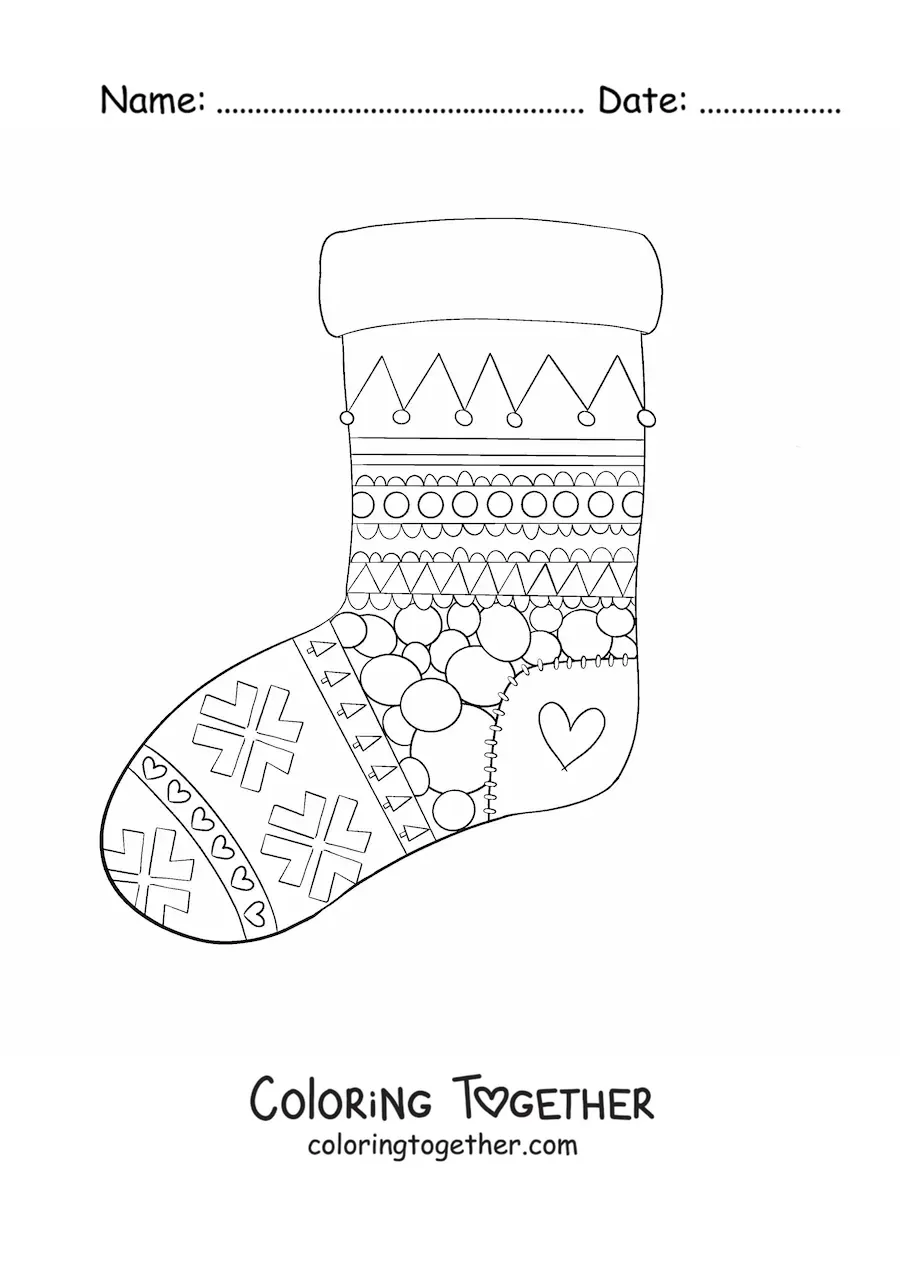 Coloring page of a Christmas stocking with geometric shapes