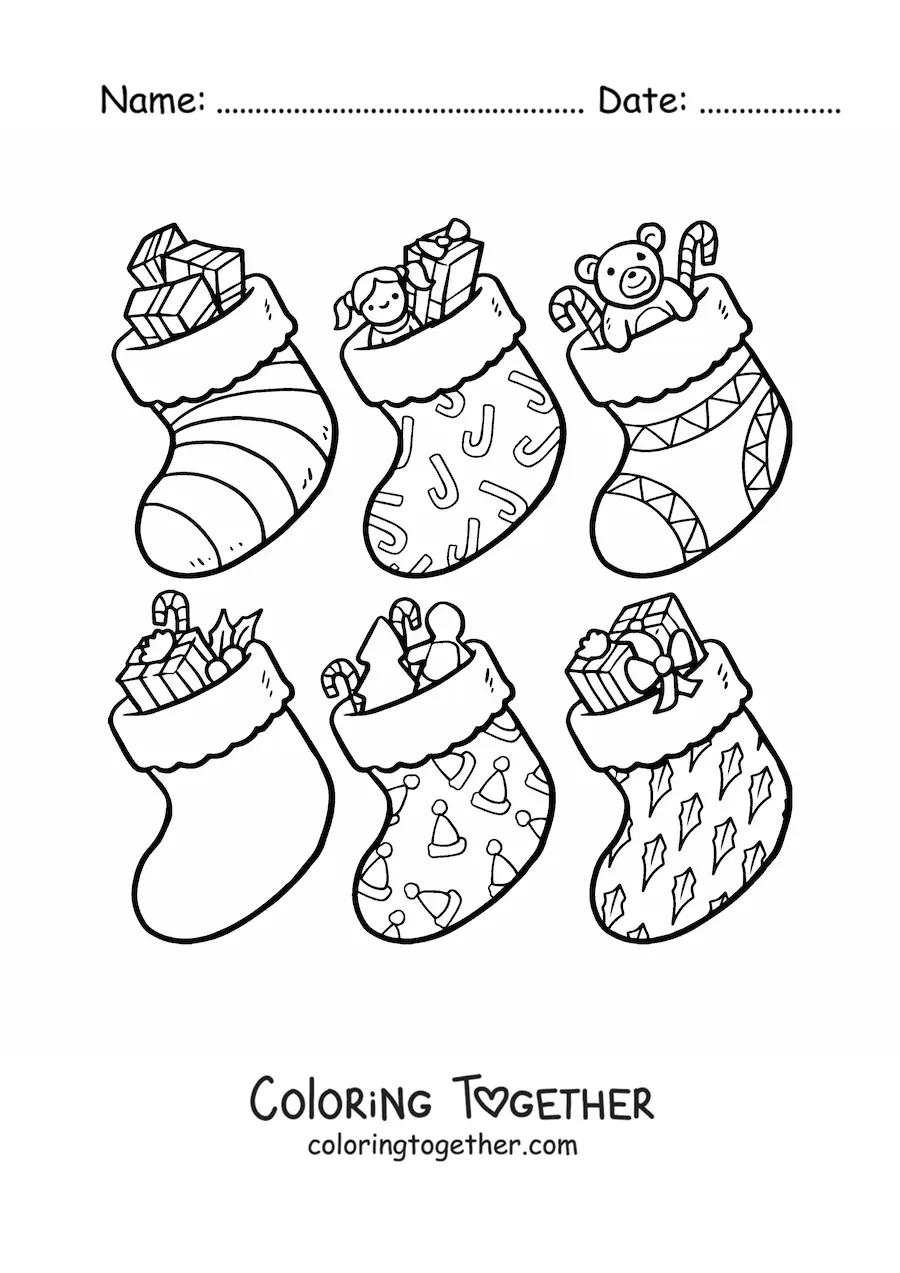 Coloring page of little Christmas stockings with presents