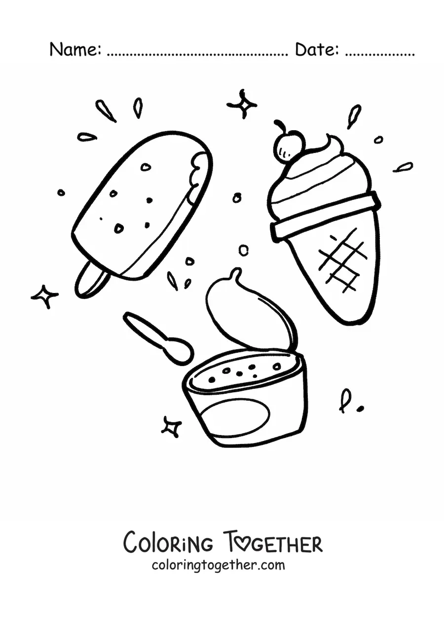 Coloring page of a cup of ice cream next to a popsicle and an ice cream cone