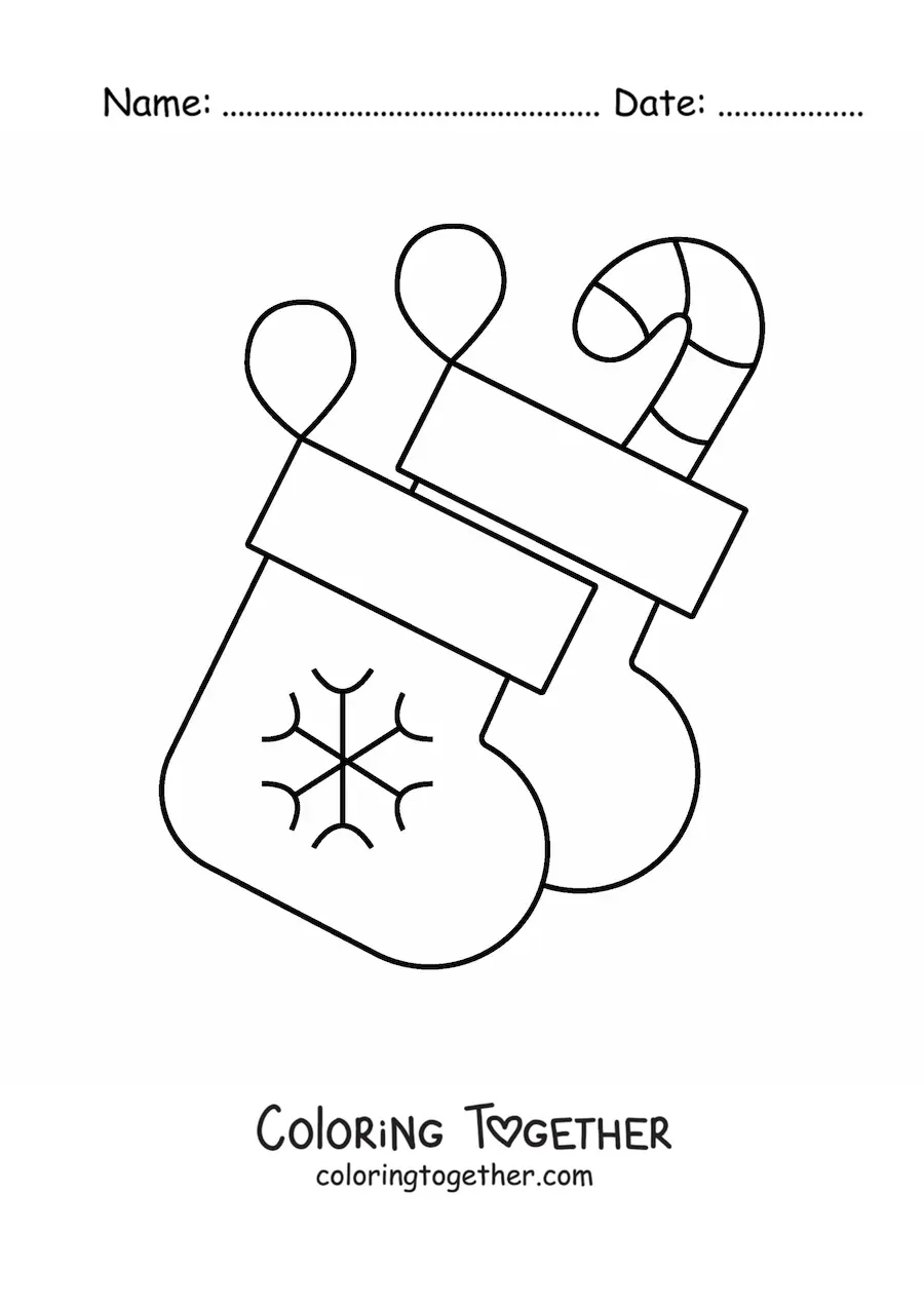 Coloring page of 2 little Christmas stockings with a candy cane