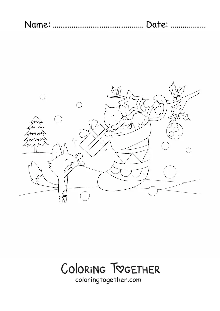 Coloring page of a kawaii squirrel in a Christmas stocking handing a gift to a kawaii fox