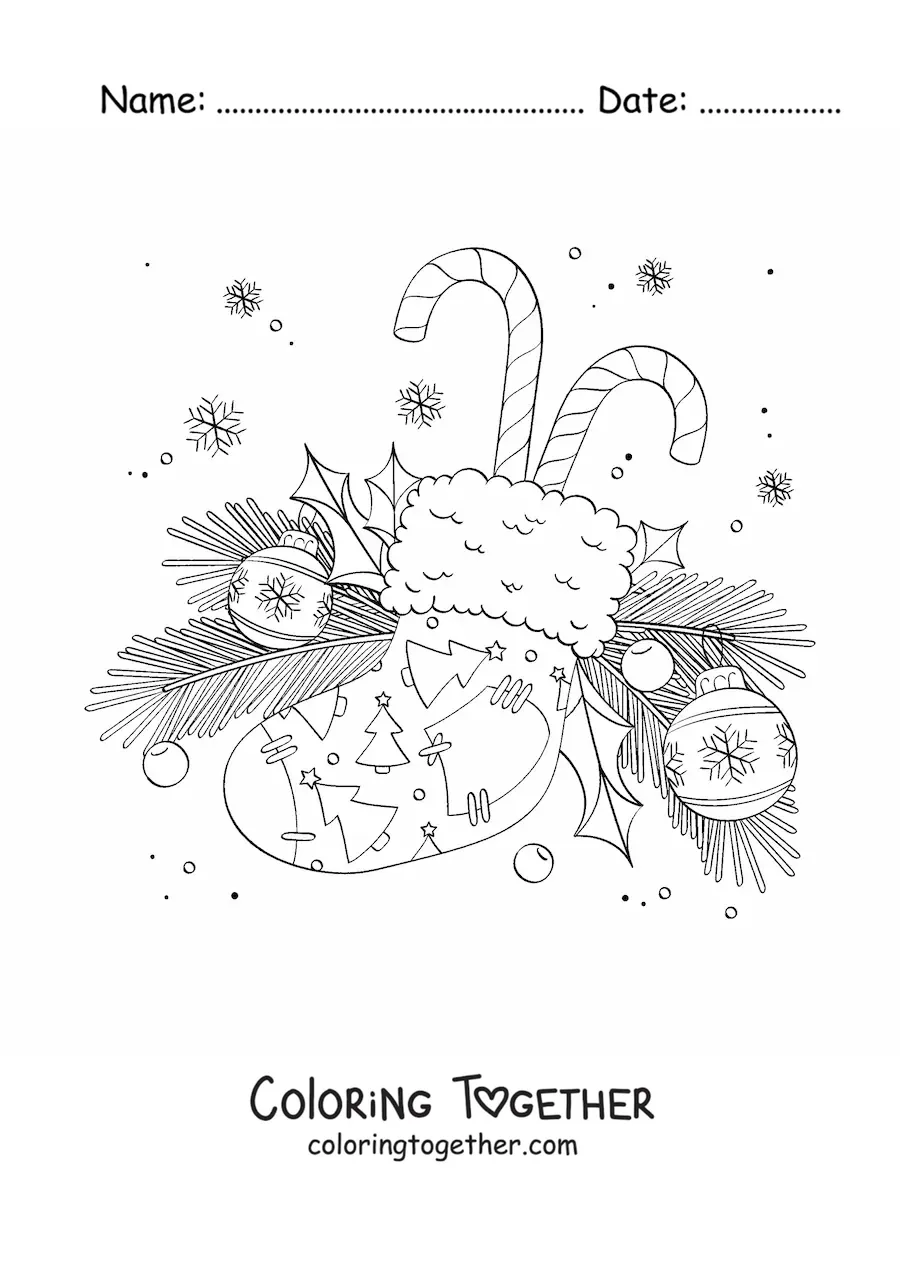 Coloring page of a Christmas stocking with candy canes, baubles, and pine branches