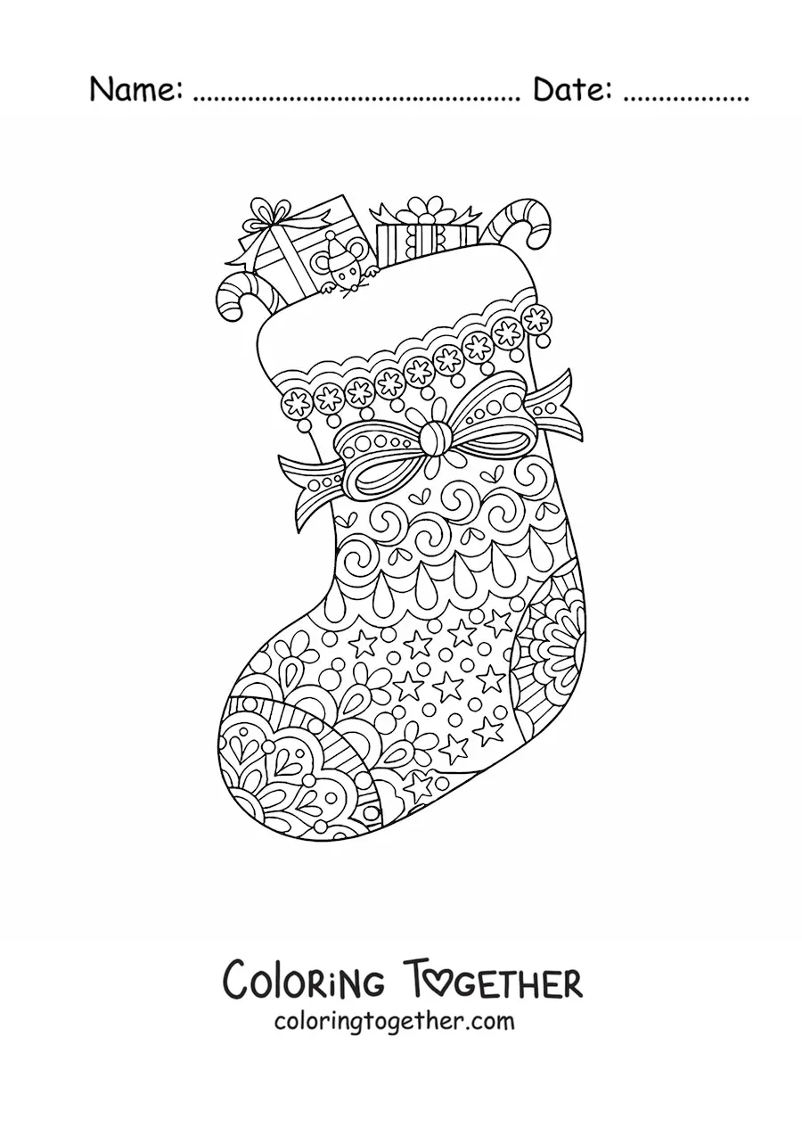 Coloring page of a Christmas stocking with presents and a bow in zentangle style