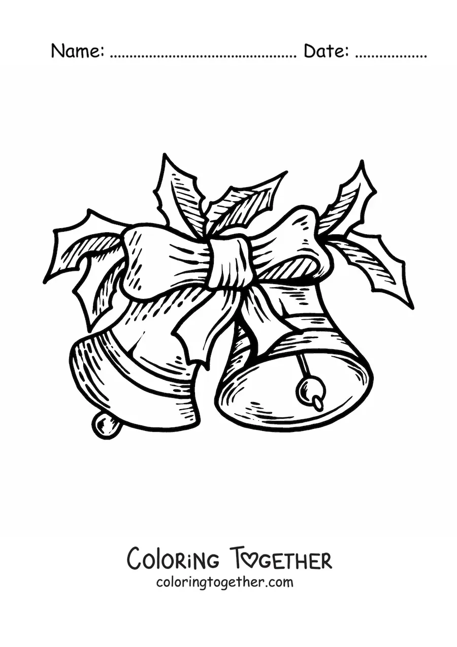 Coloring page of realistic Christmas bells with a bow