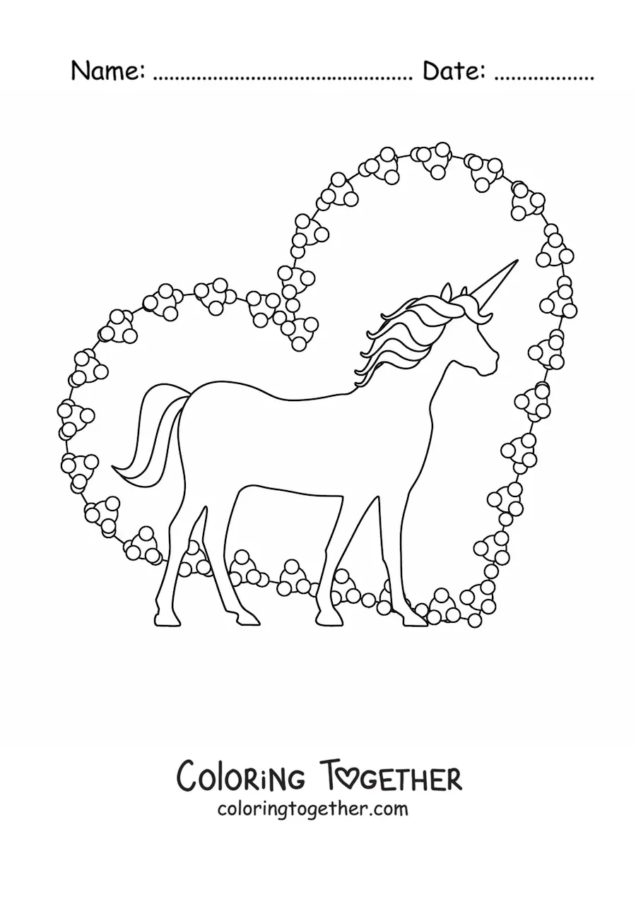 Coloring page of a unicorn's silhouette with a heart in the background
