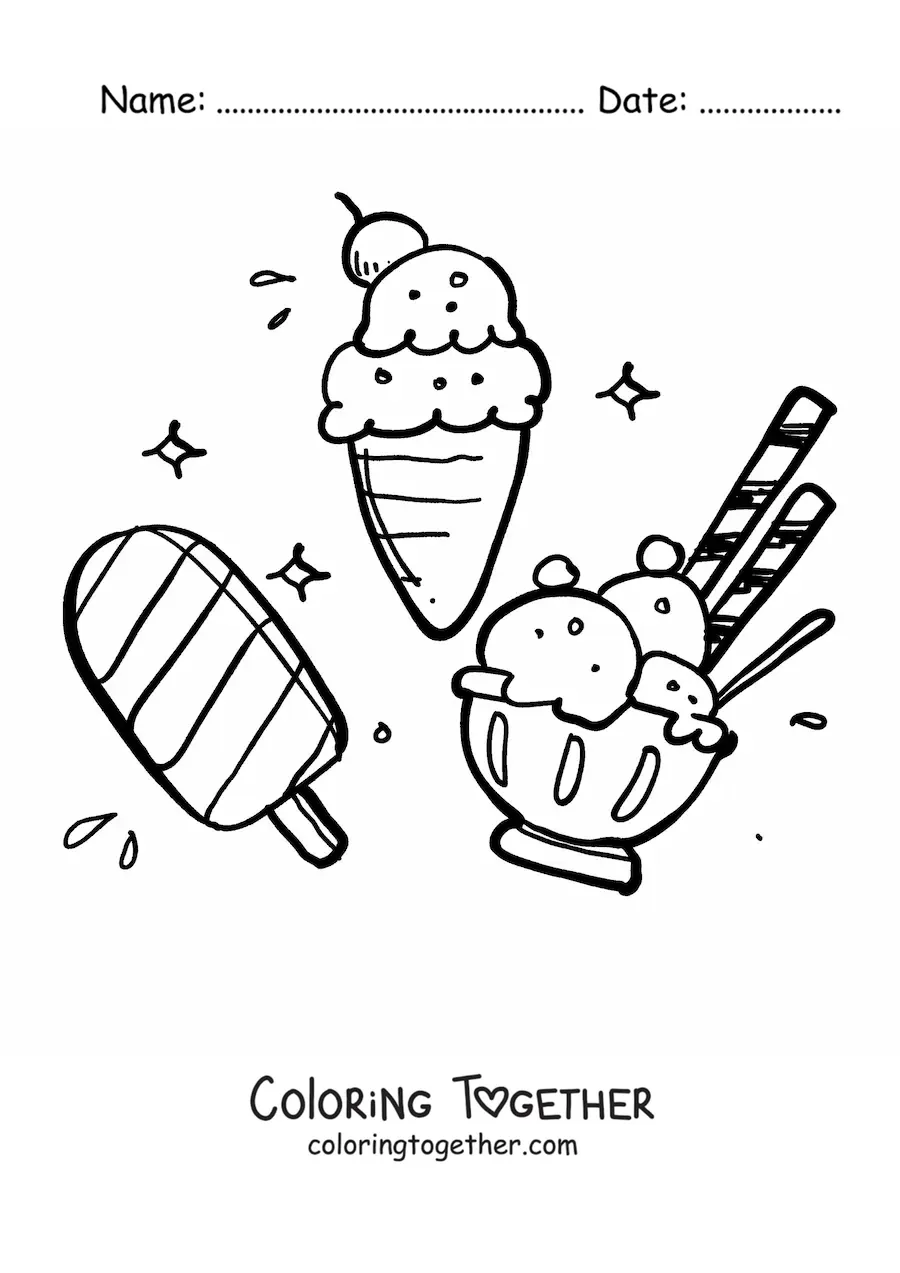Coloring page of an ice cream popsicle with a sundae cup and a cone