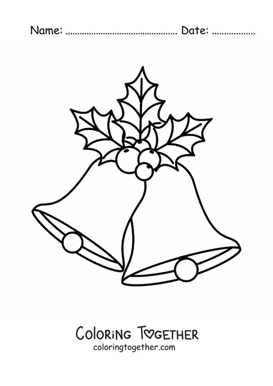 Coloring page of Christmas bells with mistletoe
