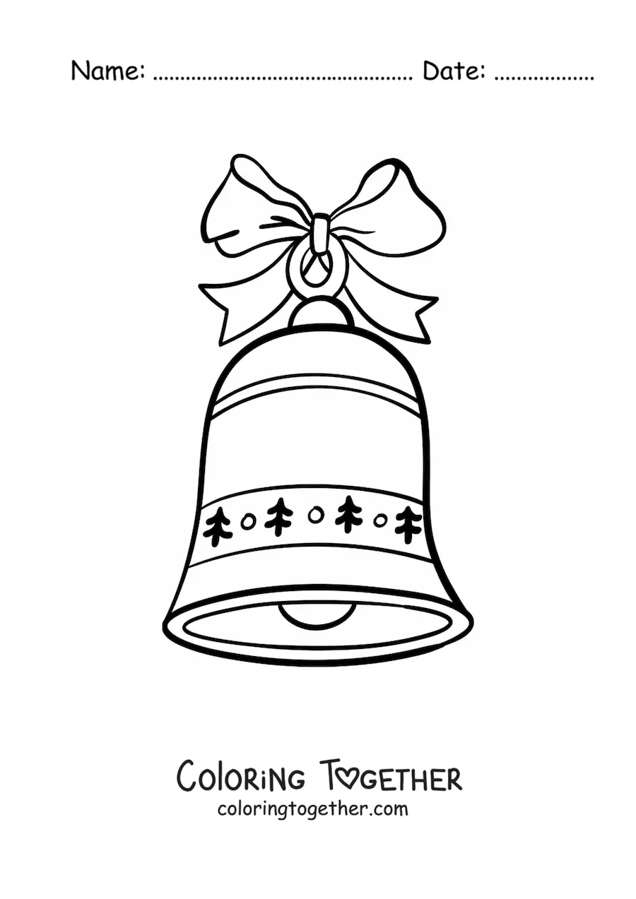 Coloring page of a Christmas bell with a bow and pines