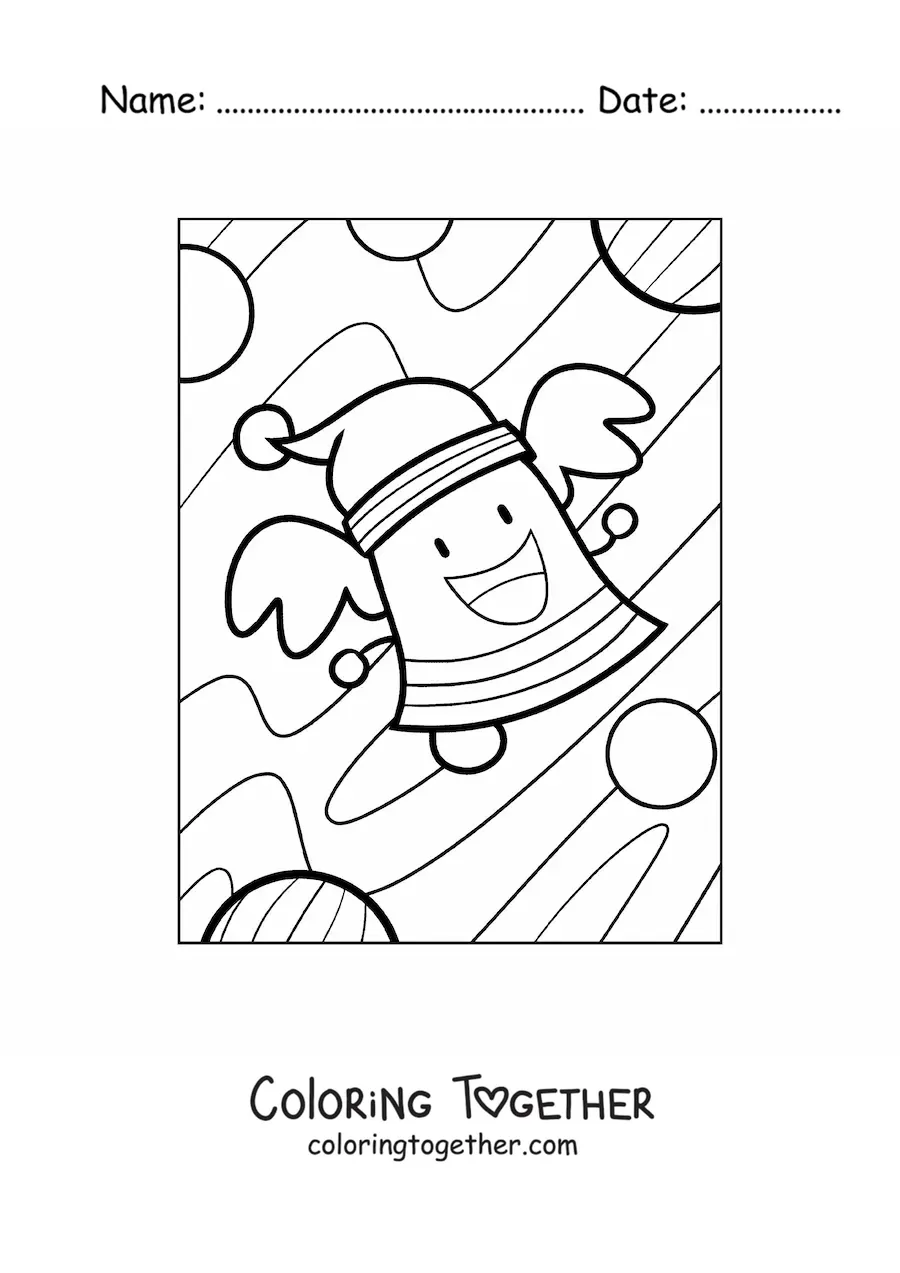 Coloring page of an animated Christmas bell with a Santa hat