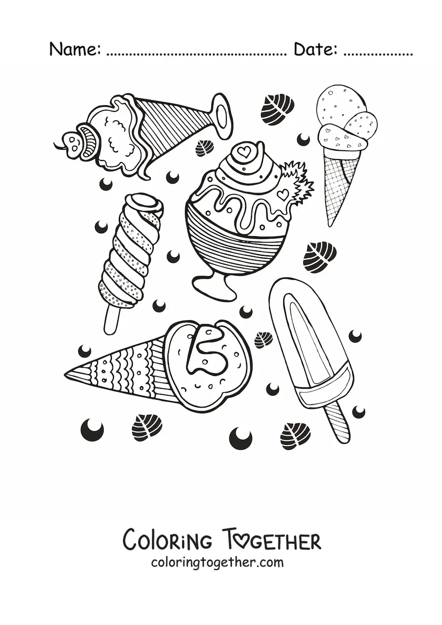 Coloring page of several types of ice cream